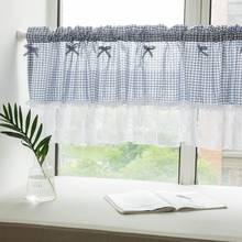 Cortina meia americana para cozinha azul xadrez + bordado branco tule costurado cortinas curtas com renda para porta de armário 2024 - compre barato