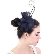 Sinamay Fedora de pelo clásica para mujer, pasador azul marino, sombrero redondo, pluma, flor, accesorios para fiesta de boda 2024 - compra barato