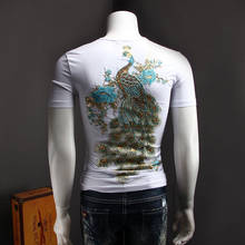Verão phoenix bordado pavão padrão masculino grande tamanho de alta qualidade em torno do pescoço manga curta camiseta 2024 - compre barato