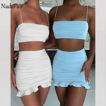 Nadafair Sexy Summer Two Piece Set Women Outfit Strap White Crop Top And Bodycon Skirt Ruffles Ruched Mini Party Club Women Set 2024 - buy cheap