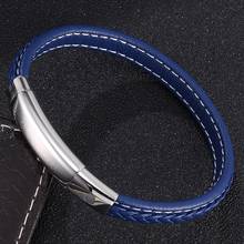 Adjustable Length Stainless Steel Buckle Black/Blue Leather Bracelet Unisex Wrist Band Jewelry Gifts Erkek Bileklik 18.5-19.2-20 2024 - buy cheap