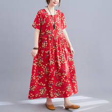 Vestido largo femenino con estampado de algodón suave para verano, traje femenino de manga corta con cuello redondo y cintura ajustada, talla grande, 2021 2024 - compra barato