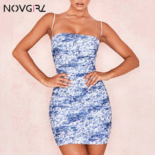 Novgirl Floral Print Sexy Party Dress Women 2019 Summer Spaghetti Strap Sheath Bodycon Mini Dress Nigh Club Blue Vestidos 2024 - buy cheap