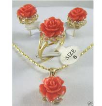 Бесплатная доставка Новые украшения Тибет Роза коралл цветок кулон ожерелье серьги кольцо набор 2024 - купить недорого