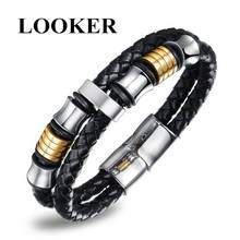 LOOKER Fashion Men Bracelets Leather Stainless Steel Wristband Bangles Men Bracelets & Bangles Casual Style 2024 - buy cheap