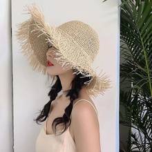 Chapéu feminino, de aba larga, com borla, chapéu de praia, dobrável, viseira de sol, bonés de palha, bonés femininos de verão 2024 - compre barato