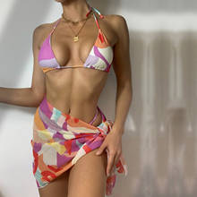 Hot Women Floral Colorful Printing 3Pcs Bikini Suits Deep V-neck Lace-up Halter Tops with Thong Bottoms and Beach Scarf Suit 2024 - buy cheap