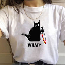 O que? Camiseta feminina gato assustável, plus size, manga curta, gola redonda, camiseta harajuku 2024 - compre barato
