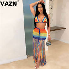 VAZN-Conjunto de Bikini ajustado de cintura alta para mujer, traje Sexy de red con borlas especiales, estilo playero, Top de estilo Halter, maxifaldas, conjunto de 2 piezas 2024 - compra barato