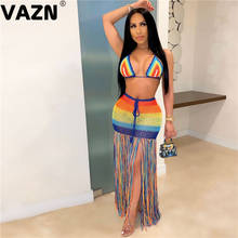 Conjunto de roupa de rede feminina vazn, conjunto de 2 peças com borla especial, estilo sexy de praia, top de biquíni com gola halter e saia de cintura alta 2024 - compre barato