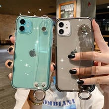 KJOEW Case For iPhone 11 12 Pro Max X XS Max 7 8 Plus SE 2020 Clear Soft Wrist Strap Shockproof Glitter Powder Holder Back Cover 2024 - buy cheap