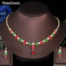 ThreeGraces Luxurious Red Green CZ African Gold Color Leaf Drop Necklace Earrings Wedding Jewelry Sets for Brides Dress TZ553 2024 - buy cheap