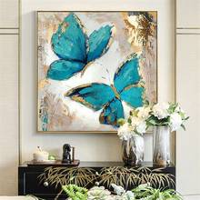 Imagen de mariposa azul 100% pintada a mano, pintura al óleo abstracta moderna sobre lienzo, arte de pared para sala de estar, decoración del hogar sin marco 2024 - compra barato