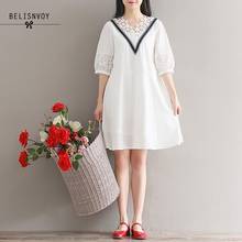 Новинка, летнее женское белое платье в японском стиле Mori Girl, кружевное платье трапециевидной формы с v-образным вырезом, элегантное милое платье с рукавом до локтя 2024 - купить недорого