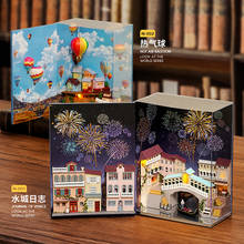 Diy boneca casa olhar para o mundo balão de ar quente de madeira em miniatura móveis casa de bonecas led luz brinquedos presente mini livro série N-001 2024 - compre barato