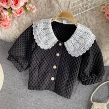 Korean French Lace Hit Color Patchwork Peter Pan Collar Blouse Causal Korean Short Women Shirt 2021 Summer Puff Sleeve Crop Top 2024 - buy cheap