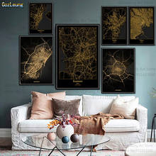 Póster con mapa dorado moderno de la ciudad del mundo para decoración del hogar, cuadro de arte de pared con impresiones en lienzo para decoración del hogar, Tokio, Sendai, Amsterdam, Barcelona 2024 - compra barato