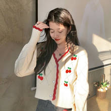 Korean Cropped Top Sweater Coat 2021 Embroidered V-neck Knit Cardigan Puff Sleeve Cherry  Cardigans Women Clothes Jacket 2024 - buy cheap