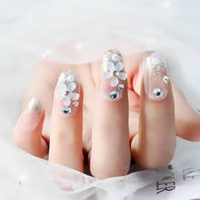 24pcs/Set Pretty Flower Decal Fake Nails Round Head Silver Glitter Bride Wedding Artificial Nail Manicure Full Tips with Glue 2024 - buy cheap