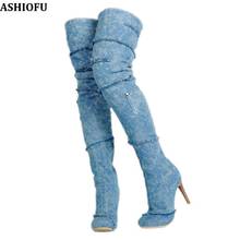 Ashiofu botas femininas de salto alto feito à mão, couro jeans, sexy, festa, bota alta coxa, clube, noite, botas compridas 2024 - compre barato