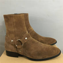 Dark Brown suede buckle strap harness Men Boots wedge handmade  exclusive color Boots 2024 - buy cheap