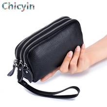 Women Day Clutch Bags Three Zipper Genuine Cow Leather Handbag Women Handy Bag Lady Wristlet Evening Party Bag Clutch Wallet 2024 - buy cheap