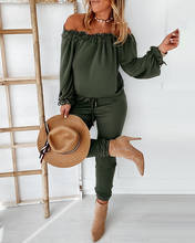 2021 Women Spring Solid Off Shoulder Long Sleeve Drawstring Frill Hem Jumpsuit Casual Ruffles Female Clothing 2024 - buy cheap