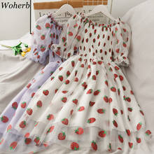 Woherb Kawaii Dress Women Off Shoulder Puff Sleeve Mesh Dresses Strawberry Squined Print High Waist Robe Sweet Cute  Vestidos 2024 - buy cheap