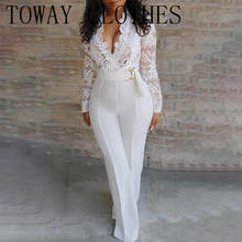 Elegant Women Jumpsuits Overalls White Lace Stitching Long Sleeve V-neck Wide Leg Long Pants Office Lady Sexy Outfits 2024 - buy cheap
