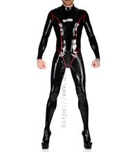 Back zipper to navel design men's black long sleeve Fetish latex bondage catsuit with red stripes decorations 2024 - buy cheap