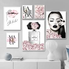 Pink Flower Perfume Fashion Lady Canvas Painting Sliver Lip Makeup Posters and Prints Wall Art Pictures for Living Room Decor 2024 - buy cheap