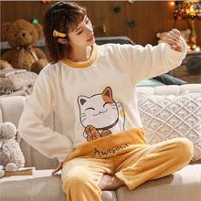 Cartoon Cat Winter Pajamas Home Suit for Women Flannel Sleepwear Female Cute Pijamas Warm O-Neck Homewear Thick Pyjama 2 pieces 2024 - buy cheap