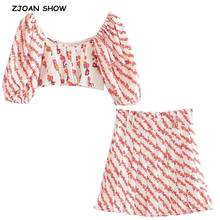 Retro White Flower Striped Line Short T-shirt Crop Top Sexy Women High Waist Pleated Mini Skirt Short Sleeve Tops 2 Pieces Set 2024 - buy cheap