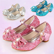Sapatos de couro infantil de alta qualidade, princesa, para meninas, flor, casual, glitter, sapatos de salto alto, calçados de meninas, borboleta, azul, rosa 2024 - compre barato