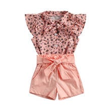 Wallarenear transporte rápido 0-6years da criança do bebê menina moda verão definir fora do ombro leopardo turn-down colarinho topo rosa shorts 2024 - compre barato