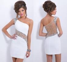 White Cocktail Dresses Sheath One-shoulder Short Mini Beaded Crystals See Through Sexy Homecoming Dresses 2024 - buy cheap