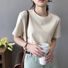 Camiseta feminina simples de manga curta, gola redonda, cor sólida, primavera-verão, básica, solta, branca, básica, coreana, 2021 2024 - compre barato
