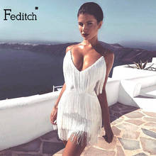 Feditch Tassel V Neck Sexy Dress Women Spaghetti Strap Sleeveless Summer White Black Party Dress Elegant Club Vestidos Paysuits 2024 - buy cheap