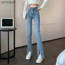 Calça jeans feminina cintura alta com fenda, peça calça estilo vintage 2024 - compre barato