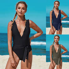 New Sexy Piece Bikini Push Up Swimwear Women Deep V Ruffled Monokini Padded Fashion Bandage Waist Black/Blue/Green Slim Swimsuit 2024 - buy cheap