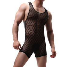 Sexy Gay Jumpsuit Mesh Fishnet Transparent Body Stocking PU Leather Bodysuits Wrestling Singlet Undershirts Shorts Sex Underwear 2024 - buy cheap