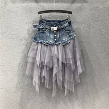Korean Female Irregular Mesh Patchwork Denim Skirt Summer Women's High Waist Black Tulle Asymmetrical Jean Skirts Plus Size 3XL 2024 - buy cheap