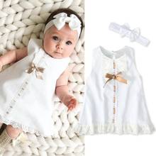 Vestido de verão bonito para crianças, vestido branco sem mangas com laço para crianças pequenas, conjunto de roupas de princesa + faixa de cabeça para crianças de 0-1 anos 2024 - compre barato