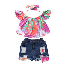 3Pcs Baby Girl Clothes Set Girl Costume Baby Tie dye Off Shoulder T Shirts Denim Shorts Headband Set Kids Clothes 2024 - buy cheap