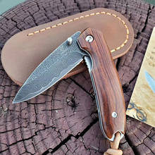 Cuchillo plegable hecho a mano VG10, hoja de Damasco, cuchillo de bolsillo con mango de madera de hierro para desierto, supervivencia, acampada, caza, herramienta táctica EDC 2024 - compra barato
