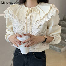 Spring Sweet Hollow Out Embroidery Lace Shirts Women Korean Peter Pan Collar Tops Cotton Long Sleeve Ruffled Woman Blouses 12717 2024 - buy cheap