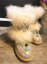 Handmade rhinestones oversized fox fur light gold tube thickening velvet warm leather snow boots cotton boots large size 2024 - buy cheap