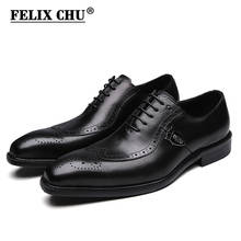FELIX CHU Handmade Men Oxford Formal Shoes Genuine Leather Brown Dress Shoes Mens Wingtip Pointy Toe Lace Up Footwear 2024 - buy cheap