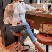 Women Shirts Tops 2019 Summer Long Sleeve Solid White Women Blouse Fashion Big Bow Tie Elegant Office Lady Transparent Shirt Top 2024 - buy cheap
