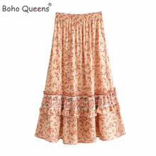 Boho Queens  Hippie Women Beach Bohemian Pink Floral Print Skirt High Elastic Waist  A-Line  Rayon Maxi Skirt Femme 2024 - buy cheap